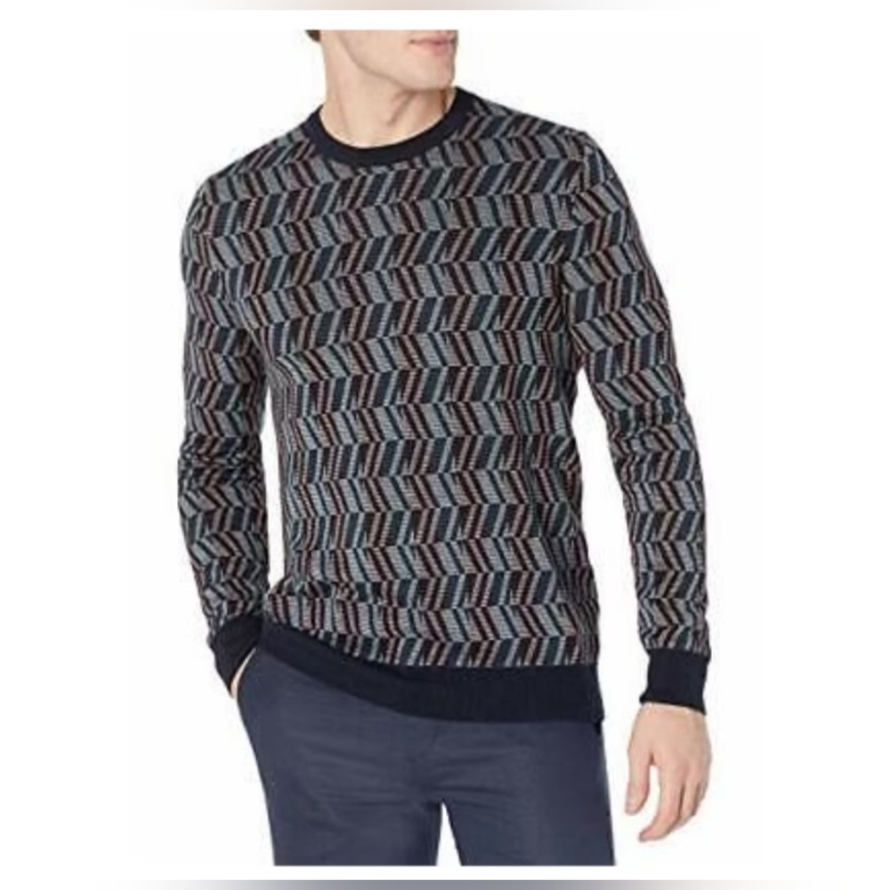 Perry Ellis Navy and Gray Patterned Crewneck Sweater